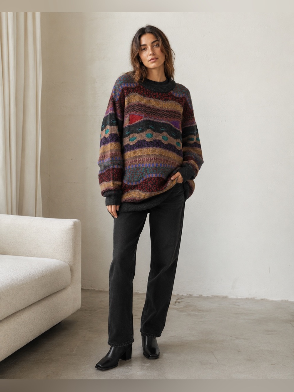 Vintage FIUME Mohair Alpaca Wool Sweater Abstract Coogi Style Oversized Knit